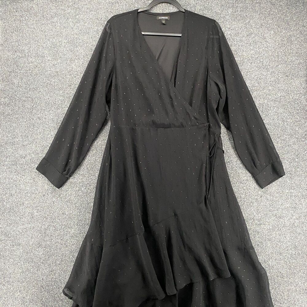 Express Wrap Dress Womens XL Black V-Neck Knee Length Cocktail Modest Whimsigoth